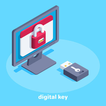isometric vector image on a blue background, a monitor with a lock on the screen and a flash drive key, digital information protection