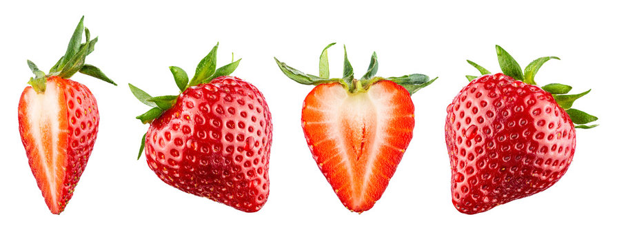 Set of 4 ripe strawberries in a row isolated on white background. 100 percent sharpness.
