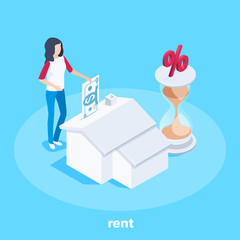 Fototapeta premium isometric vector image on a blue background, a girl with money and a house, a pledge or rental house