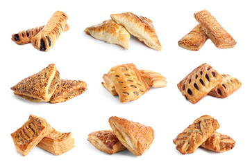 Set of fresh delicious puff pastries on white background