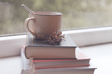 mug of tea on pile of books and window with raindrops on background