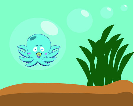 Adventure poster with cute octopus, sea weeds and water bubble in the blue ocean background. Cartoon style vector illustration.