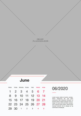 06 - June 2020. Modern Calendar 2020 Vector Print Template. Vertical Calendar 2020 Concept. Copy Space for Picture or Photo.