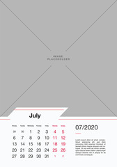07 - July 2020. Modern Calendar 2020 Vector Print Template. Vertical Calendar 2020 Concept. Copy Space for Picture or Photo.