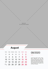 08 - August 2020. Modern Calendar 2020 Vector Print Template. Vertical Calendar 2020 Concept. Copy Space for Picture or Photo.