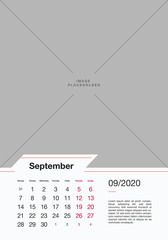 09 - SEPTEMBER 2020. Modern Calendar 2020 Vector Print Template. Vertical Calendar 2020 Concept. Copy Space for Picture or Photo.