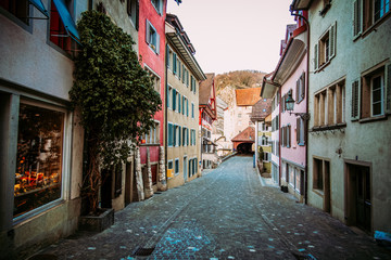 Old town street in medival city of Baden, canton Aargau, Switzerland