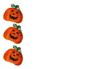 Top view of 3 felt pumpkins on a white background. Halloween holiday background. Copy space