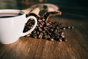 espresso and coffee beans on a table