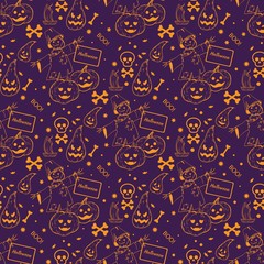 Seamless pattern on the theme of Halloween. Background for packaging. Hand-drawn illustration.