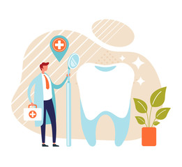 Dentist doctor character examining tooth. Medicine health care concept. Vector flat graphic design cartoon illustration