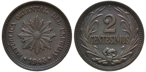 Uruguay Uruguayan coin 2 two centesimos 1945, radian sun in centre, date below, denomination flanked by sprigs,