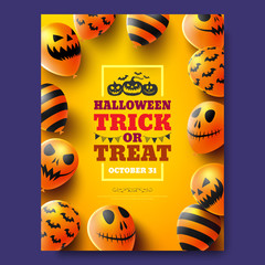 Halloween trick or treat  poster with Scary air balloons.Party Invitation Concept in Traditional Colors.Website spooky,Background or banner Halloween template.Vector illustration EPS 10