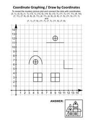 Coordinate graphing, or draw by coordinates, math worksheet with old village house: To reveal the mystery picture plot and connect the dots with given coordinates. Answer included.