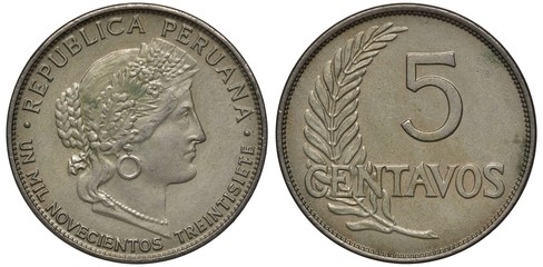 Peru Peruvian silver coin 5 five centavos 1937, head of Liberty in floral wreath right, date in words below, denomination right to sprig,