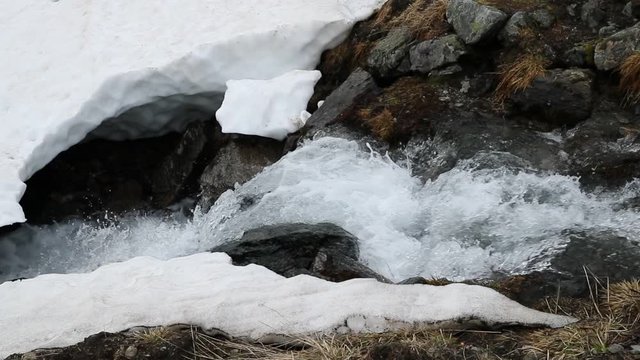 Small river in the valley at the Susch pass near Davos in Switzerland surrounded by snow and ice. Shot was filmed in slow motion in June.