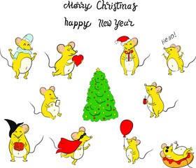 Christmas mouses set illustration on white background. Concept for print, logo, web design, cards
