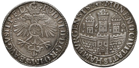 Germany German City of Hamburg silver coin 32 thirty two shillings (thaler) 1610, crowned eagle within central circle, three towers behind fragment of fortress wall with gate divide date, 
