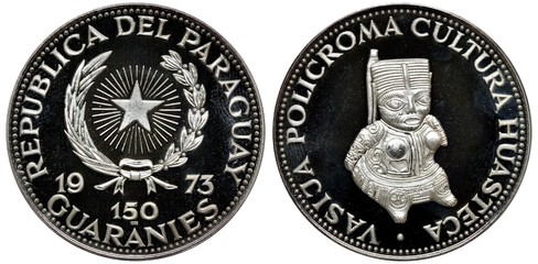 Paraguay Paraguayan silver coin 150 one hundred and fifty guaranies 1973, subject Huasteca culture,...