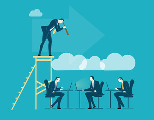 Successful businessman staying on top of the stairs and looking with the telescope at his team working hard. Business concept illustration 