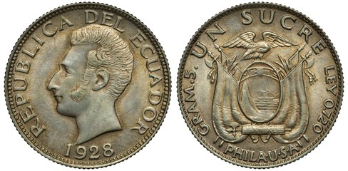 Ecuador Ecuadoran silver coin 1 one sucre 1928, head of independence leader Antonio Sucre left,...