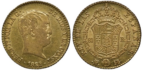Spain Spanish golden coin 80 eighty reales 1822, head of King Ferdinand VII right, arms, crowned...