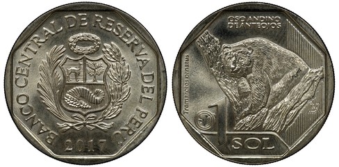 Peru Peruvian coin 1 one sol 2017, subject Fauna, arms, shield with llama, tree and horn of plenty flanked by sprigs, Andean bear on tree,