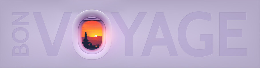 Vector travel banner with sign Bon Voyage in french language and airplane window with view to balinese temple and asian sunset instead letter O - 289857160