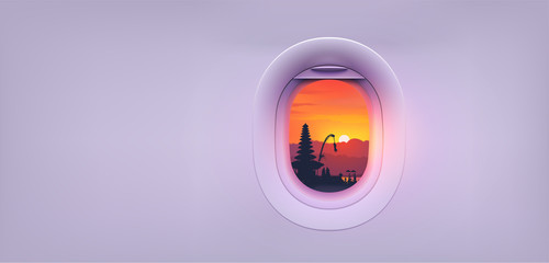 Tropical red sunset with asian temple silhouette in aircraft window. Vector background with copyspace for your banner, flyer or poster