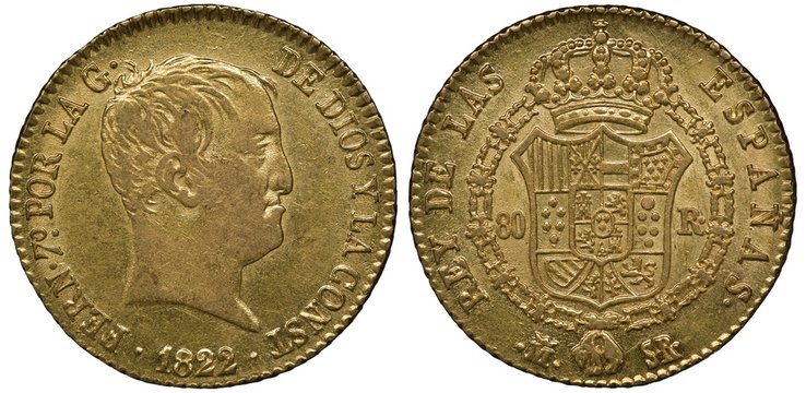 Spain Spanish golden coin 80 eighty reales 1822, head of King Ferdinand VII right, arms, crowned shield with designs surrounded by order chain