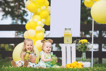 Little cute kids, two girls, beautiful and happy on the green grass with balloons and lemonade