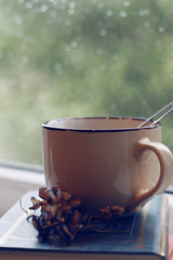 cup of tea ob the pile of books