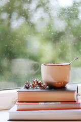 cup of tea ob the pile of books
