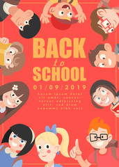 Poster template Back to school on red background with school boys and girls flat vector illustration