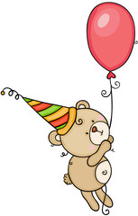 Teddy bear with party hat holding a balloon