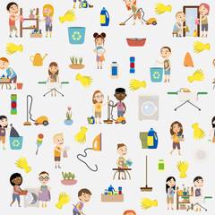 Seamless pattern of cute girls and boys doing housework. Children throw out garbage, wash dishes, wash clothes, vacuum clean, wipe mirrors, water flowers and do cleaning. Flat cartoon vector