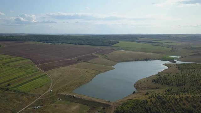 Aerial Drone Shot Flying Over Fields of Tall Grass and lake