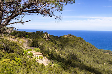 Panoramablick auf die Küste zwischen Valldemossa und Bayalbufar im Norden von Mallorca an einem sonnigen Tag