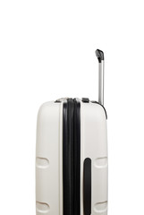 Plastic travel suitcase. White suitcase isolated on white background. Polycarbonate suitcase isolated on white. White suitcase.