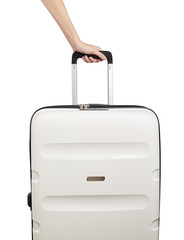 Plastic travel suitcase. White suitcase isolated on white background. Polycarbonate suitcase isolated on white. White suitcase.