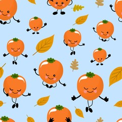 SEAMLESS pattern exotic fruits persimmons, funny cute faces character. Kitchen textile or wrapping paper.