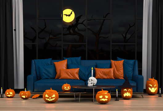 3D render of Halloween party in living room and pumpkins, jack-o-lantern