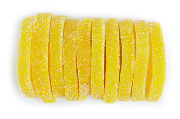 Marmalade isolated on white background. Jelly candy's. Dessert marmalade in the form of lemon and orange slices. The sweetness of jelly candy yellow and orange.