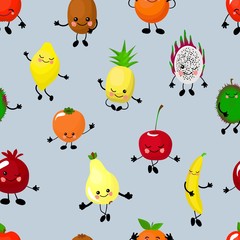 SEAMLESS fruit pattern apple, pear, persimmon, pitaya and durian. Orange and banana. Funny cute faces character..