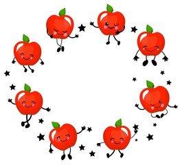 apples characters. Funny fruits with a face and a smile. Round red apple wreath.