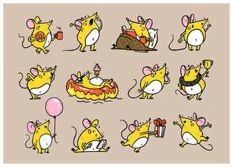 Vector illustration of cute hand drawn yellow mouse character in different situations: jump, read, win, swim, yawn. isolated. 2020 year mascot. For stickers, nursery, prints, banners, logo, cards etc.