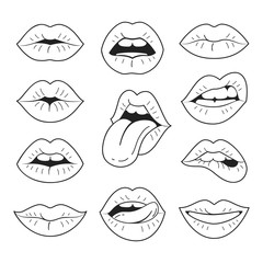 Line lips icons collection. Vector illustration of sexy women's lips, expressing different emotions, such as smile, kiss, half-open mouth, biting lip, lip licking, tongue out. Isolated on white.