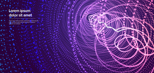 Array with dynamic particles. Swirl with connected dots. Abstract science or technology background. 3d vector illustration.