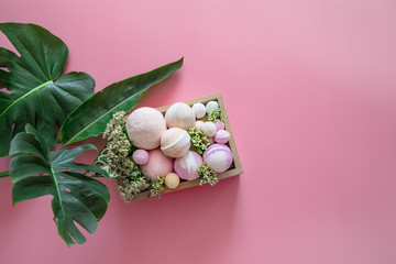 Spa composition with body care items on a colored background