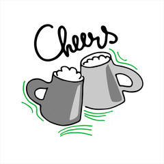 Two hand drawn beer mugs with handwritten Cheers lettering on the white background. Isolated design elements